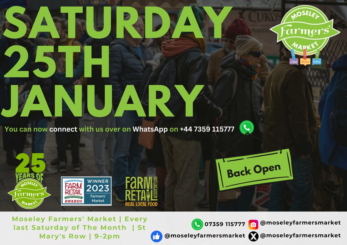 Moseley Farmers' Market (@moseleyfarmmkt) on Twitter photo 📢😮 We’re back OPEN this Saturday! 🙌😁
<a href="/MoseleyFarmMkt/">Moseley Farmers' Market</a> is back! …🔥🙌 🥬🍍🥘🥩🍗2️⃣0️⃣2️⃣5️⃣
Journey around the world in our village market atmosphere - where you’ll find many of our hot / cold food stalls added with fresh, seasonal produce 💐🛒🎁🍿🧴👒🧶⬇️ 📢😮 We’re back OPEN this Saturday! 🙌😁
<a href="/MoseleyFarmMkt/">Moseley Farmers' Market</a> is back! …🔥🙌 🥬🍍🥘🥩🍗2️⃣0️⃣2️⃣5️⃣
Journey around the world in our village market atmosphere - where you’ll find many of our hot / cold food stalls added with fresh, seasonal produce 💐🛒🎁🍿🧴👒🧶⬇️