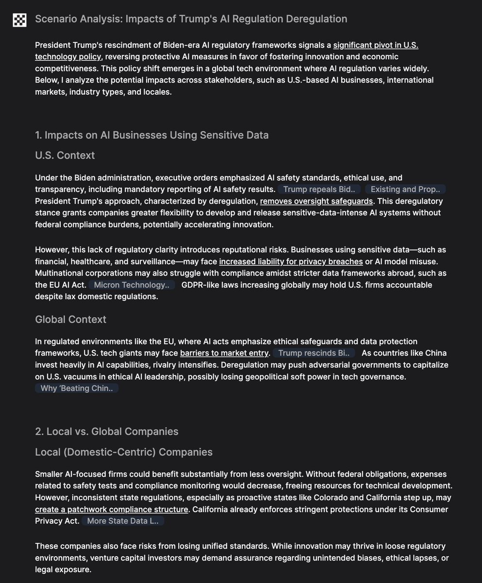 jahven's tweet image. What could Trump’s AI regulation decisions mean for AI and data-driven businesses? @MissionGrey's geopolitics and geoeconomics tool offers quick, nuanced analysis to uncover various perspectives, build scenarios, and support informed decision-making. #regulation #AI #geoeconomic…