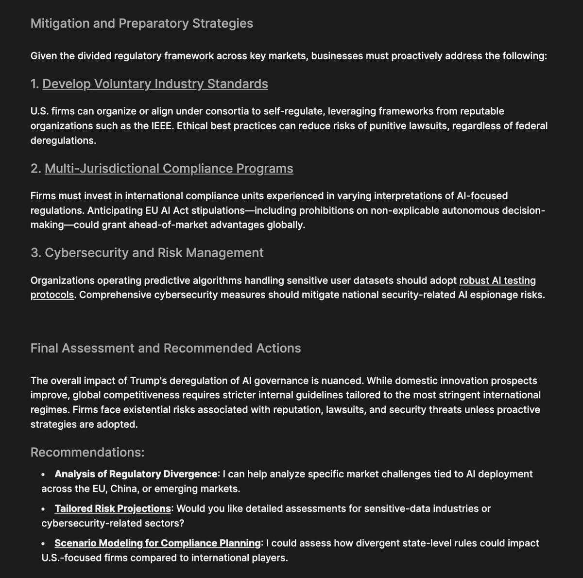 jahven's tweet image. What could Trump’s AI regulation decisions mean for AI and data-driven businesses? @MissionGrey's geopolitics and geoeconomics tool offers quick, nuanced analysis to uncover various perspectives, build scenarios, and support informed decision-making. #regulation #AI #geoeconomic…
