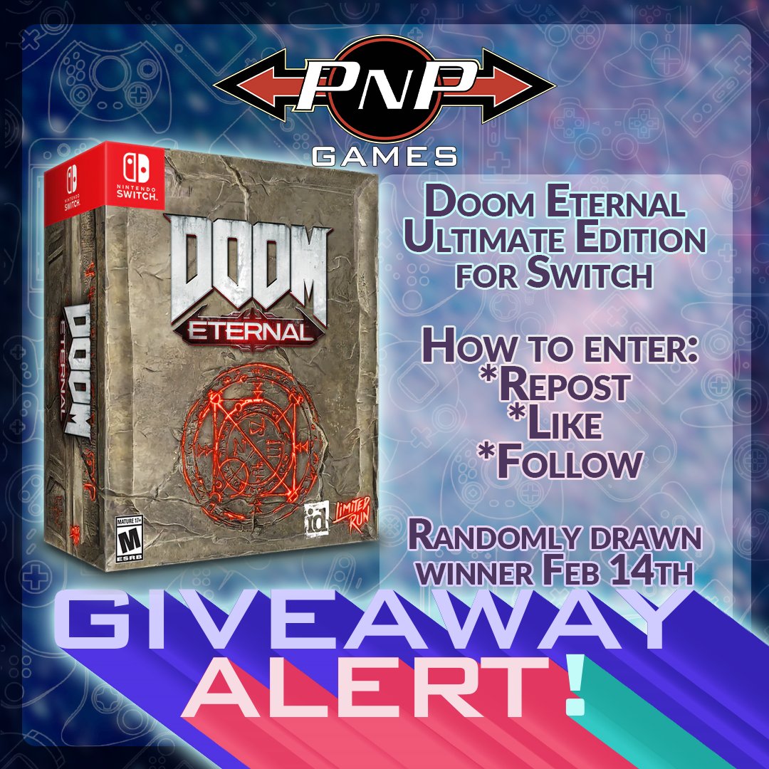 GIVEAWAY ALERT -   

REPOST, LIKE, AND FOLLOW PNP GAMES for your chance to WIN a DOOM Eternal Ultimate Edition for Nintendo Switch!

This Ultimate Edition is PACKED with DOOM Merch!
RIP AND TEAR UNTIL IT'S WON!

#VideoGames #Canada #USA #Free #Giveaway #PNP #PNPGames  #Win