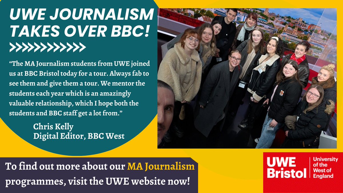 Many thanks to <a href="/westdigitaled/">Chris Kelly</a> <a href="/BBCBristol/">BBC Bristol</a> for looking after our MA Journalism students so well today and for the BBC Mentor scheme! <a href="/UWEBristol/">UWE Bristol</a> <a href="/BJTC_UK/">BJTC - Industry Accredited Journalism Courses</a> <a href="/emarco14/">Elena Marco</a> <a href="/AmandaJCoffey/">Amanda Coffey</a>  courses.uwe.ac.uk/P50012/journal…