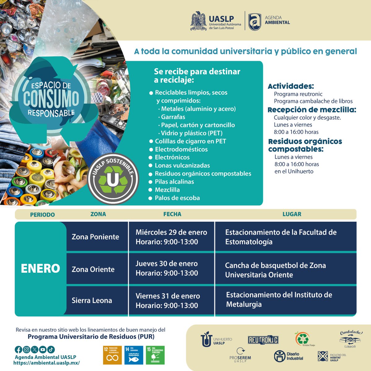 LaUASLP's tweet photo. ♻️ Agenda Ambiental invita a la comunidad #UASLP y al público en general a su Espacio de Consumo Responsable.

🗓️ 29, 30 y 31 de enero, de 09:00 a 13:00 horas. 
✅ Estacionamiento de Estomatología, Zona Oriente y @MetalurgiaU

🗣️ ¡Corre la voz!

#UASLPSustentable https://t.co/oO33p8DI9E