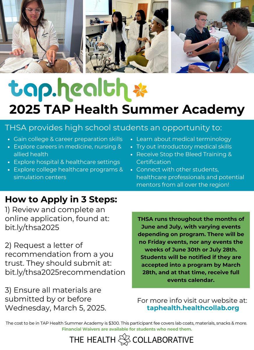 📣 Our 2025 TAP Health Summer Academy applications are now open! Direct application link is: bit.ly/thsa2025, but you can always visit us at taphealth.healthcollab.org to learn more!