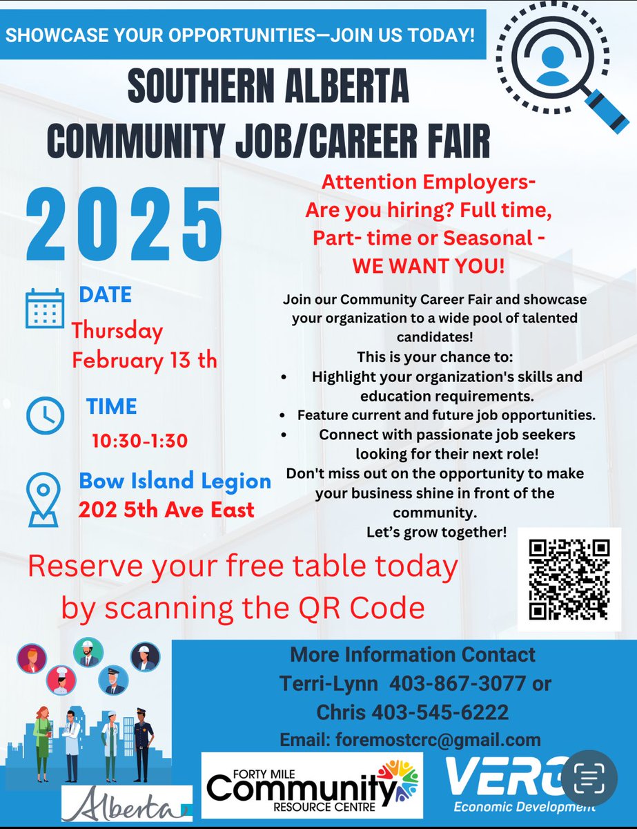Join our Community Career Fair and showcase your organization to a wide pool of talented
candidates!

📣Register Today!!
📧 foremostcrc@gmail.com
📞 403.867.3077