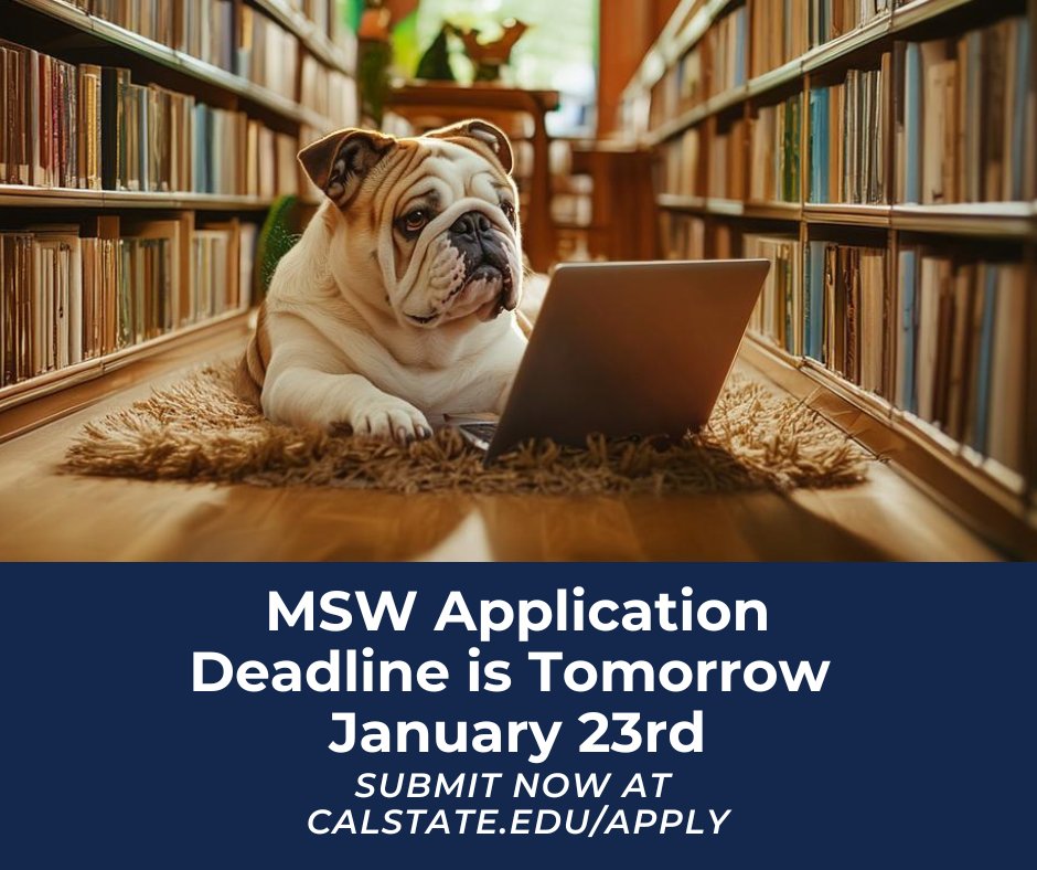 MSW applications are due January 23rd before midnight. Please be sure you have completed all sections and that your references have completed their portion. 
For more information visit our website. 
chhs.fresnostate.edu/social-work/ma…
Contact swsa@csufresno.edu if you have any questions.