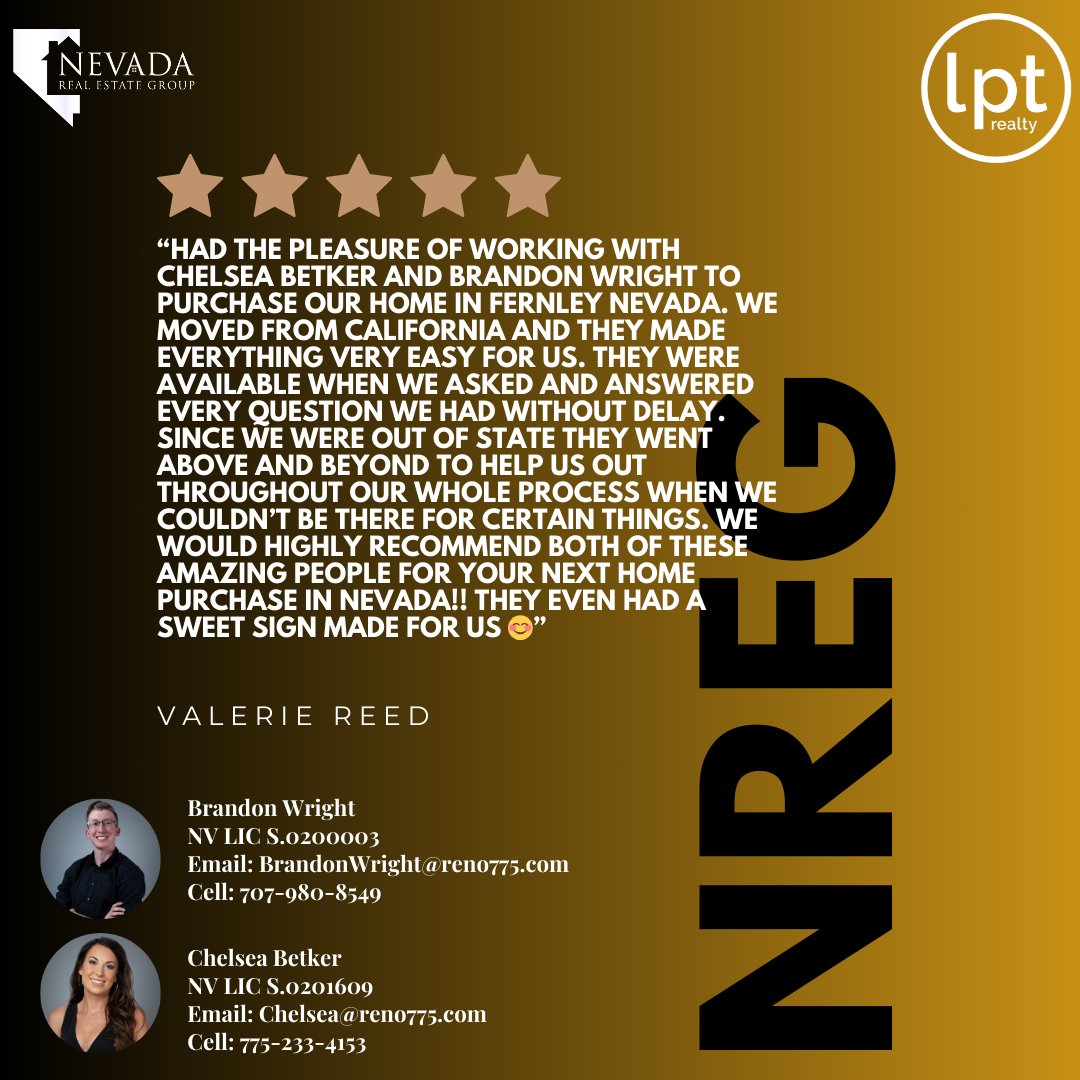 RenoHomeExperts's tweet photo. ⭐️⭐️⭐️⭐️⭐️ Congrats to Brandon Wright &amp; Chelsea Betker on another glowing 5-star Google review! 
Your dedication to excellence and client satisfaction shines bright. 🌟 #NevadaRealEstateGroup #5StarAgent #ClientLove https://t.co/NfefZcBtgu