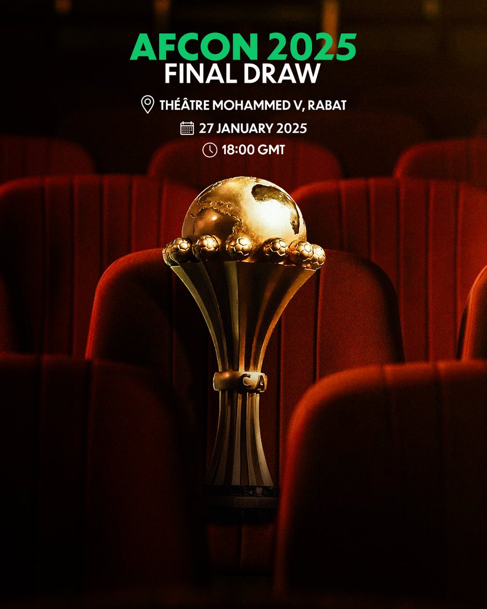 📍 Théâtre Mohammed V
⏰ 18:00 GMT

January the 27th, all spotlights shine on Rabat, Morocco. 🇲🇦✨

#TotalEnergiesAFCON2025