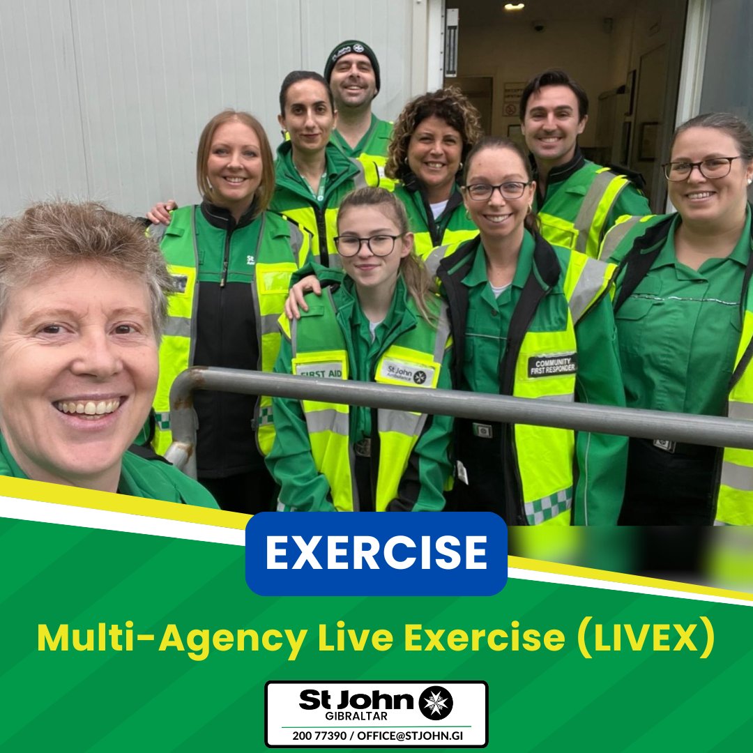 SJAGibraltar's tweet photo. Some of our volunteers who took part in the Multi-Agency Live Exercise (LIVEX) that was organised by the Office of Civil Contingencies yesterday.

We recognise the huge responsibility of being included and all our volunteers worked exceeding hard to rise to the challenge. https://t.co/kIDfSZYEZb