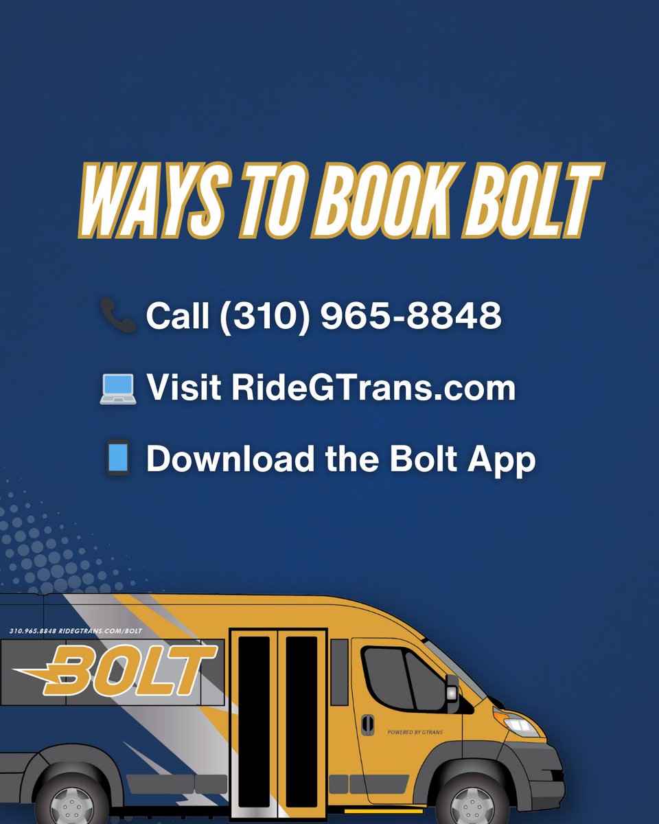 RideGTrans's tweet photo. 🚗 Riding Bolt is Easy! 
📞 Call: (310) 965-8848 
💻 Visit: https://t.co/VD89M3KoKa 
📱 Download the Bolt App: 
✅ Apple Store [https://t.co/SjvccGm216] 
✅ Google Play [https://t.co/rEBGtw1oG1] 

#CityofGardena #GTrans #Transportation #Microtransit https://t.co/shsEIups0Z