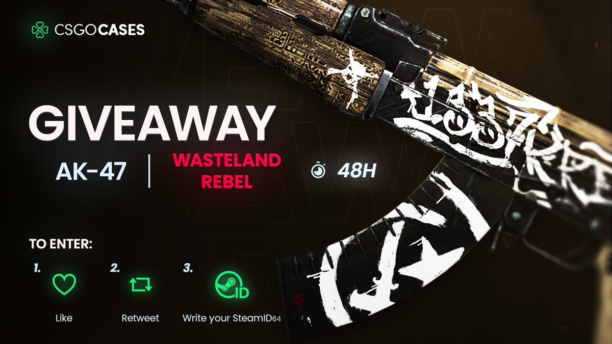 csgocasescom's tweet photo. 💥AK-47 | Wasteland Rebel (FT) GIVEAWAY💥

How to Enter:
💗Like
🔁Retweet
✍️Write your SteamID64

🎁Winner will be announced after 48h⏰

#cs2giveaways #cs2skins #csgocases #cs2skinsgiveaway #cs2community #giveaway #CS2Giveaway #CS2 #CounterStrike2 #CS2 https://t.co/gO2dHMRSSc