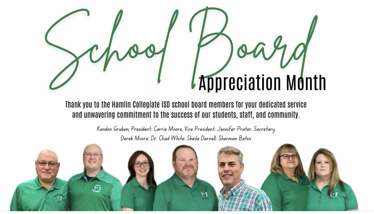 Dr. Chanda Bloch (@chandabloch) on Twitter photo We are so grateful for the dedication and leadership of our school board members:
✨ Kendon Gruben, President
✨ Carrie Moore, Vice President
✨ Jennifer Prater, Secretary
✨ Derek Moore
✨ Dr. Chad White
✨ Sheila Darnell
✨ Sherman Bates
<a href="/IsdHamlin/">Hamlin Collegiate ISD</a> #piperpride We are so grateful for the dedication and leadership of our school board members:
✨ Kendon Gruben, President
✨ Carrie Moore, Vice President
✨ Jennifer Prater, Secretary
✨ Derek Moore
✨ Dr. Chad White
✨ Sheila Darnell
✨ Sherman Bates
<a href="/IsdHamlin/">Hamlin Collegiate ISD</a> #piperpride