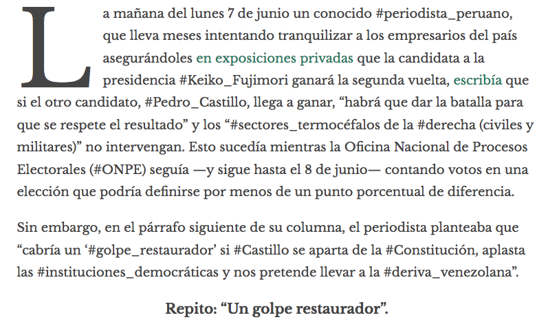 parislima's tweet photo. La #ONPE seguía —y sigue hasta el 8 de junio— contando votos en una elección que podría definirse por menos de un punto porcentual de diferencia.
Sin embargo, en el párrafo siguiente de su columna, el periodista planteaba que “cabría un ‘#golpe_restaurador’ si #Castillo... https://t.co/NmaOYSzHRs