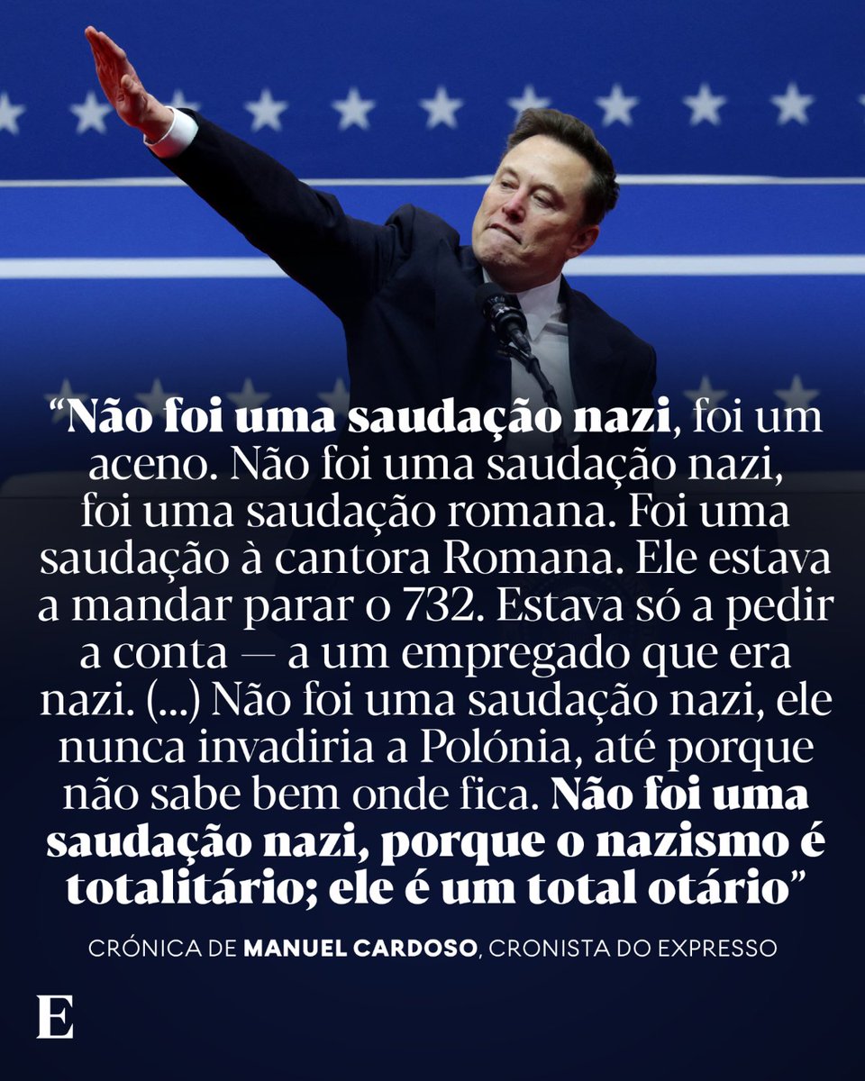“Não foi uma saudação nazi, ele até tem amigos judeus.” Manuel Cardoso escreve no Expresso todas as razões pelas quais “não foi uma saudação nazi”.

Leia a crónica completa: expresso.pt/opiniao/2025-0…