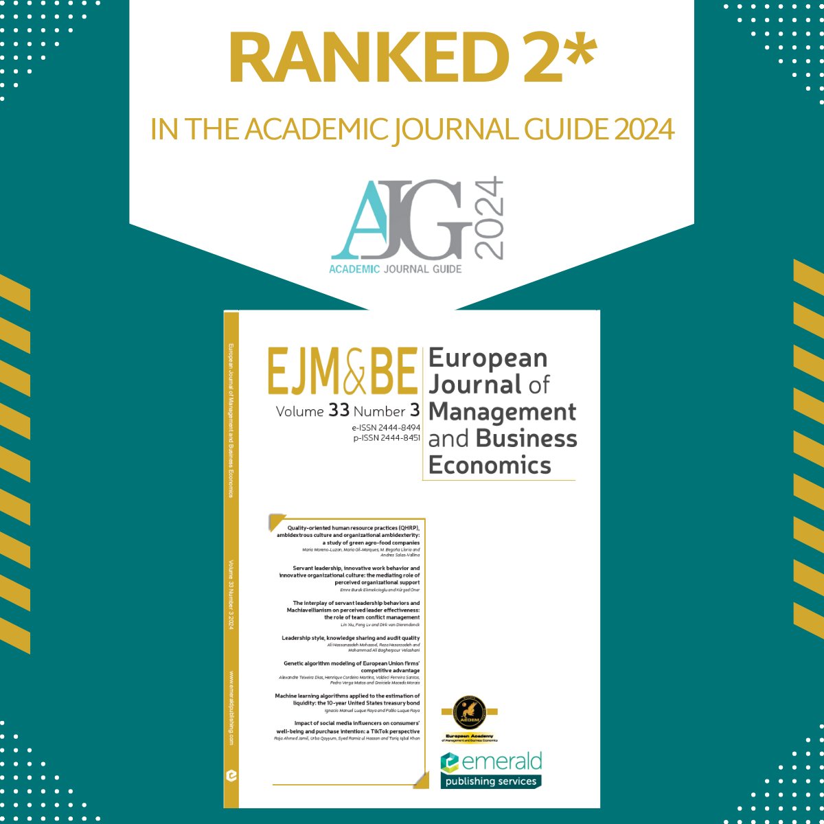 European Journal of Management&Business Economics (@ejmbe_journal) on Twitter photo 🔴𝐓𝐡𝐞 #EJMBE 𝐫𝐚𝐧𝐤𝐬 𝐚𝐬 2* 𝐢𝐧 the British Academic Journal Guide 2024 (<a href="/CharteredABS/">Chartered ABS</a>)!
🙏🏻Thanks to <a href="/RedAedem/">Red.AEDEM</a>, <a href="/EmeraldGlobal/">Emerald Publishing</a>, editorial team, associate editors, advisory board, reviewers, and all authors for making this possible.
🔗charteredabs.org/academic-journ… #𝐀𝐉𝐆2024 🔴𝐓𝐡𝐞 #EJMBE 𝐫𝐚𝐧𝐤𝐬 𝐚𝐬 2* 𝐢𝐧 the British Academic Journal Guide 2024 (<a href="/CharteredABS/">Chartered ABS</a>)!
🙏🏻Thanks to <a href="/RedAedem/">Red.AEDEM</a>, <a href="/EmeraldGlobal/">Emerald Publishing</a>, editorial team, associate editors, advisory board, reviewers, and all authors for making this possible.
🔗charteredabs.org/academic-journ… #𝐀𝐉𝐆2024