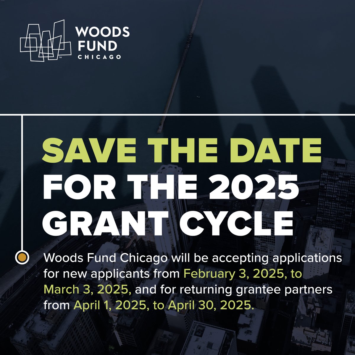 WoodsFundChi's tweet photo. #GrantOpportunities: Applications for the Woods Fund Chicago 2025 grants cycle are opening soon!

➡️ New applicants: Applications open Mon. February 3!

Returning grantee partners, save the date! 📆 Your applications open on Tues. April 1.

Learn more at https://t.co/UefgyRVuZK. https://t.co/BiEqcqAOxk