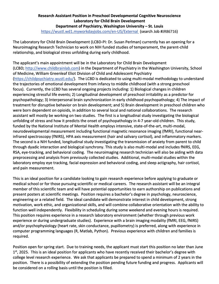 SusanBPerlman's tweet image. We are recruiting multiple research assistants in the Laboratory for Child Brain Development at Wash U! This is an idea position for research experience before entering graduate/medical school. Please share widely!