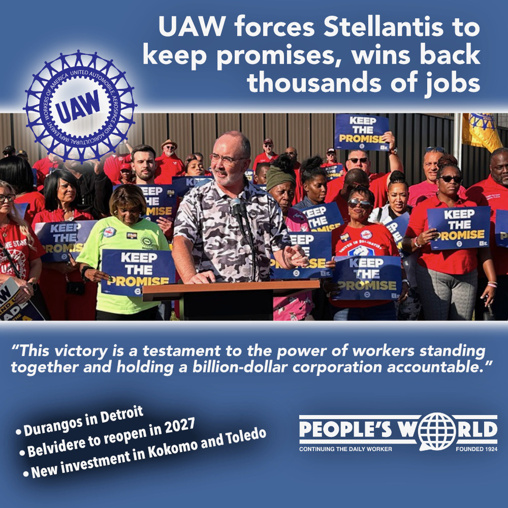 CPUSALABOR's tweet photo. After months of campaigns, rallies, grievances filed, and strike votes taken, the United Auto Workers (@UAW)  have just won back thousands of jobs in a new agreement with Stellantis.

Read our coverage:
https://t.co/HklsAr3Lp8 https://t.co/VTnIjV5sSK
