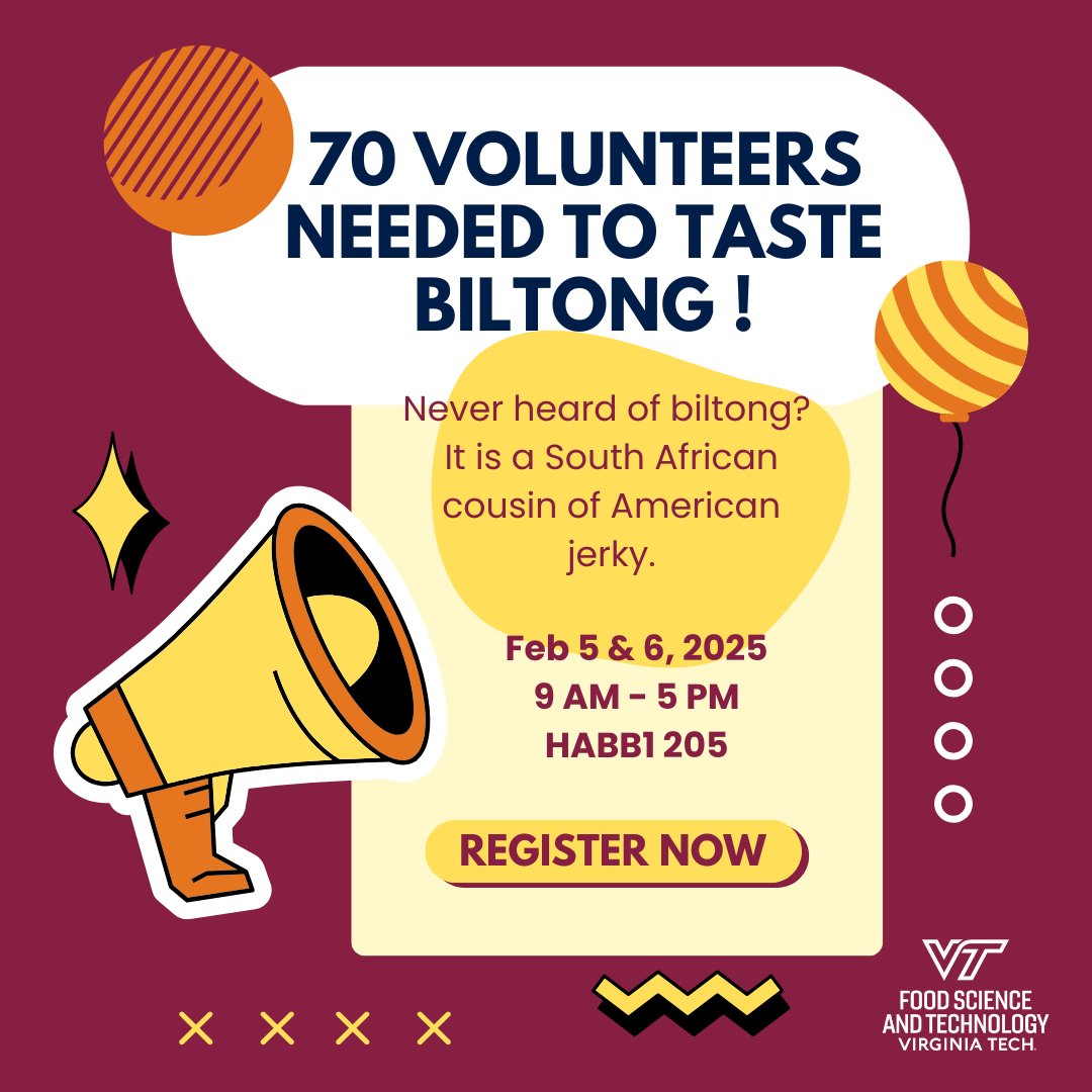 Virginia Tech Food Science & Technology Department (@vtfoodscience) on Twitter photo Want to try South African beef jerky for science?
The Sensory Lab is recruiting volunteers for an upcoming study on biltong, an air dried and seasoned beef snack popular in South Africa.
Spots are limited, so register now π bit.ly/biltongstudy
<a href="/VTCals/">Virginia Tech CALS</a> <a href="/BlacksburgStuff/">Blacksburg Stuff</a> Want to try South African beef jerky for science?
The Sensory Lab is recruiting volunteers for an upcoming study on biltong, an air dried and seasoned beef snack popular in South Africa.
Spots are limited, so register now π bit.ly/biltongstudy
<a href="/VTCals/">Virginia Tech CALS</a> <a href="/BlacksburgStuff/">Blacksburg Stuff</a>