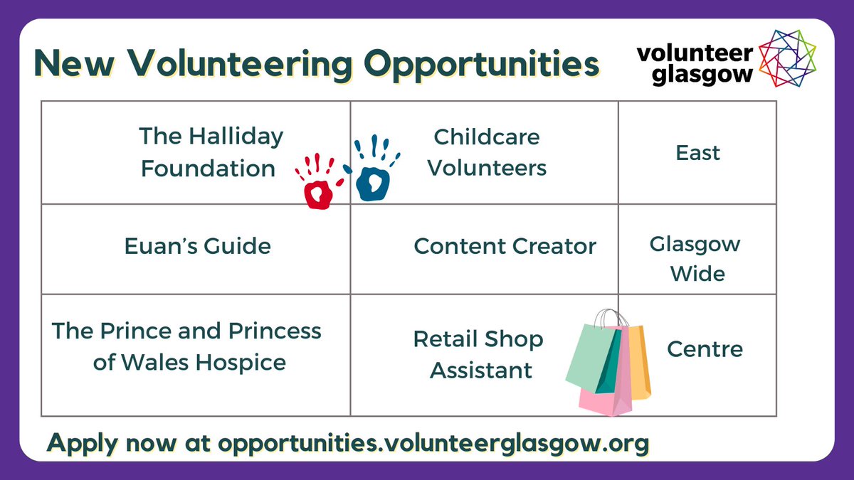 volunteerglasgo's tweet photo. Take a look at our latest volunteering opportunities 👇

👶Childcare Volunteers - @TheHFGlasgow - https://t.co/99KyUiMuYP

🤳Content Creator - @EuansGuide -https://t.co/5QtMQRcZkH

🛍️ Retail Shop Assistant - @PPWHospice - https://t.co/8XKPPqAnqx https://t.co/NBWOlP8Vi8
