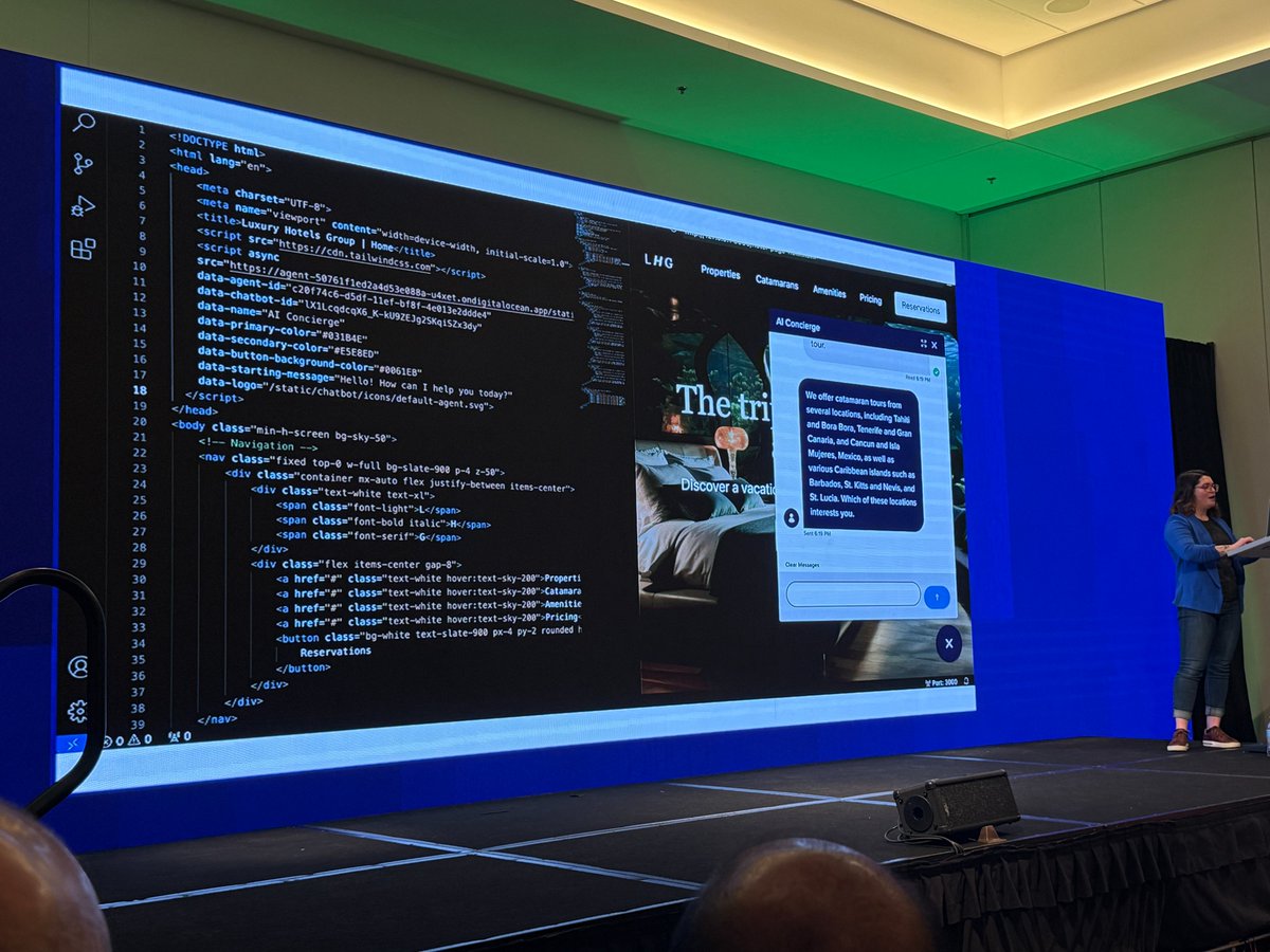 WadeWegner's tweet photo. Amanda Cavanaugh, lead UX designer on our AI team, gave a demo showcasing just how ridiculouly easy it is to use @digitalocean's GenAI Platform to build, prompt, train with a KB, and deploy an AI Agent to a travel website on App Platform ... in minutes!

Incredible demo! https://t.co/Xf9KOggAFQ