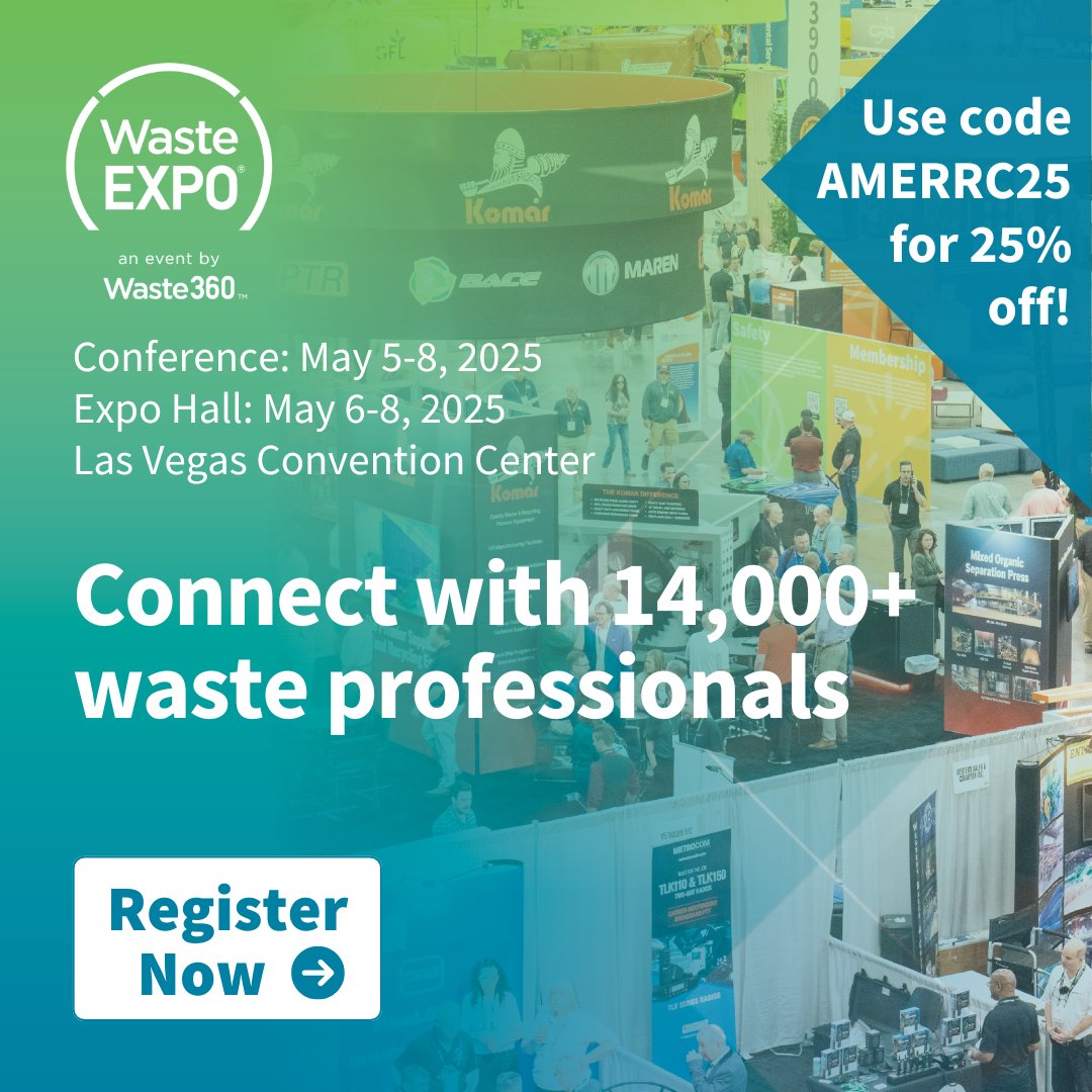 WasteExpo is the must-attend event for waste &amp; sustainability professionals! Join North America’s largest event for solid waste, recycling, organics, food waste recovery, and sustainability. Save 25% with code AMERRC25! Register now: utm.io/uhYHz
