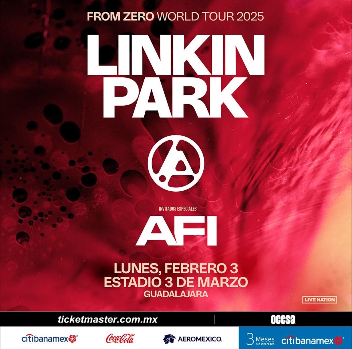 Comienza la cuenta regresiva para poder disfrutar de <a href="/linkinpark/">LINKIN PARK</a> en Guadalajara 🔥
Quienes estarán presentando #FromZeroWorldTour2025 🥵
Además los acompaña <a href="/AFI/">AFI</a> 🔥
¡No te lo puedes perder! 

📅 3 de Febrero 
📍 Estadio 3 de Marzo
🎟️ bit.ly/40EiSKE

<a href="/ocesa_total/">Ocesa Total</a> presenta