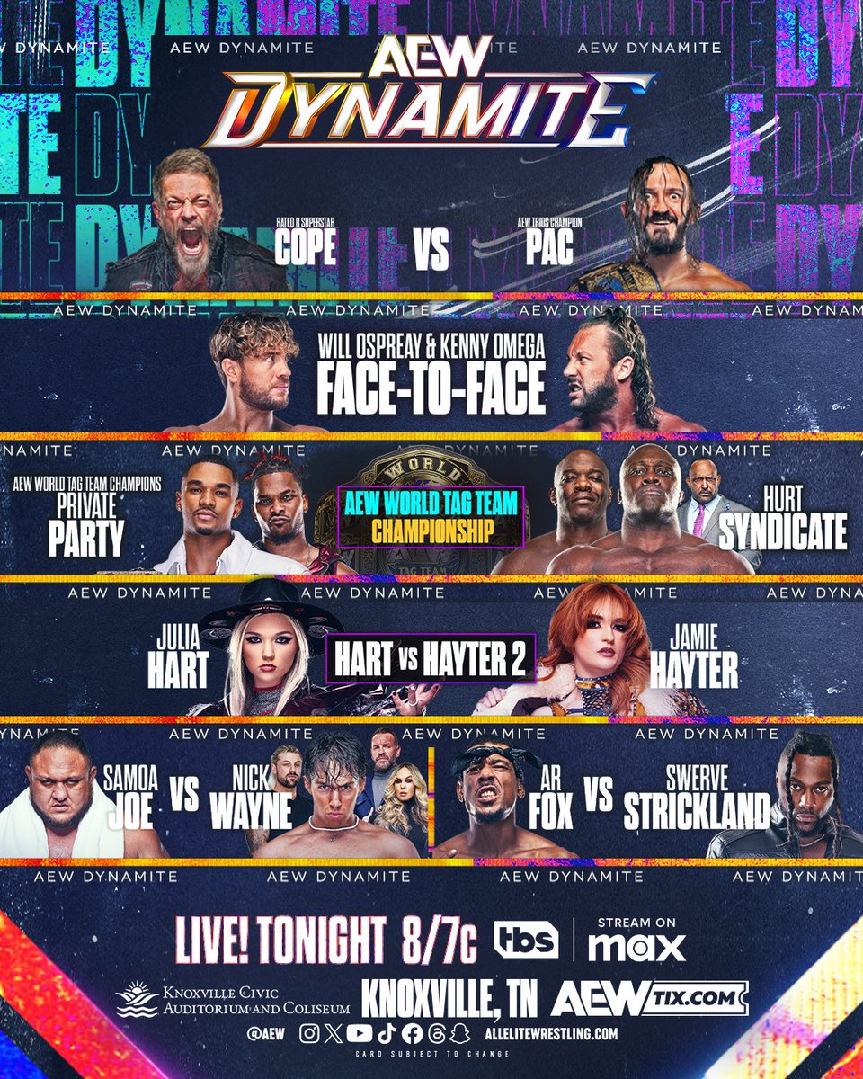 AEW's tweet image. TONIGHT!

Don’t miss #AEWDynamite LIVE from Knoxville, TN on @TBSNetwork &amp;amp; @SportsOnMax at 8pm ET/7pm CT!
