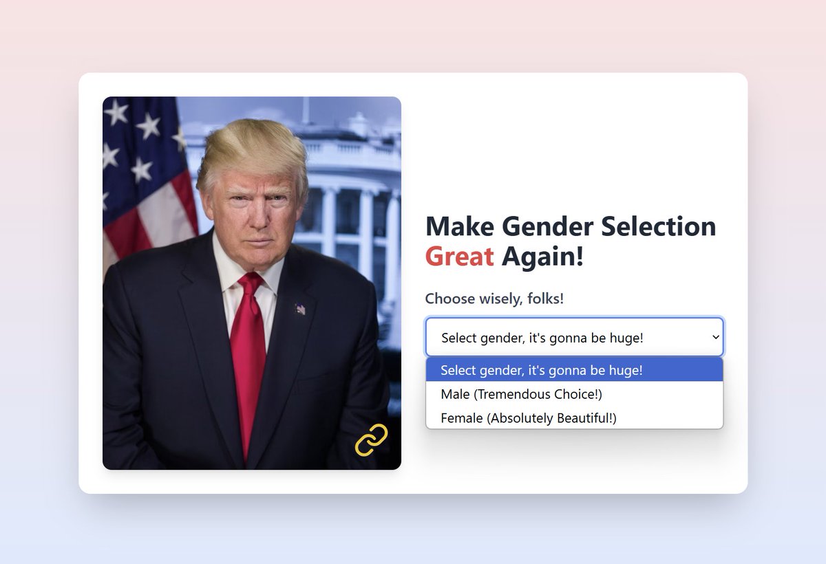 dsolutionsninja's tweet image. For both frontend and backend developers 😜 – It makes things so much easier!
What do you think? Would you use this dropdown?
P.S. Built this in under 30 seconds using bolt.new! 🚀
#FrontendHumor #DeveloperLife #UIUXDesign #CodingFun #TrumpUI #Trump