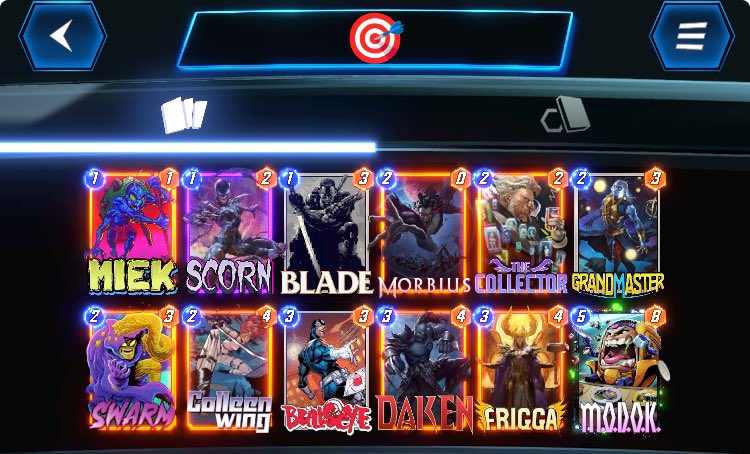 TheLochKing's tweet photo. Saw this being played on @OrdinaryHarry stream today and it’s 💯 one of the most fun decks you can run right now. I love when a new card release can breathe new life into forgotten or niche cards like Daken &amp; Frigga here. @MARVELSNAP https://t.co/mqrEObB5Ii