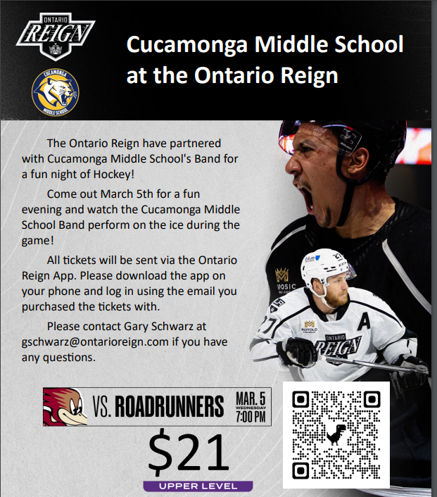 Join us for a fun night of hockey and see our CMS band play during the first intermission!  Use the QR code to order your tickets for Wednesday, March 5th.