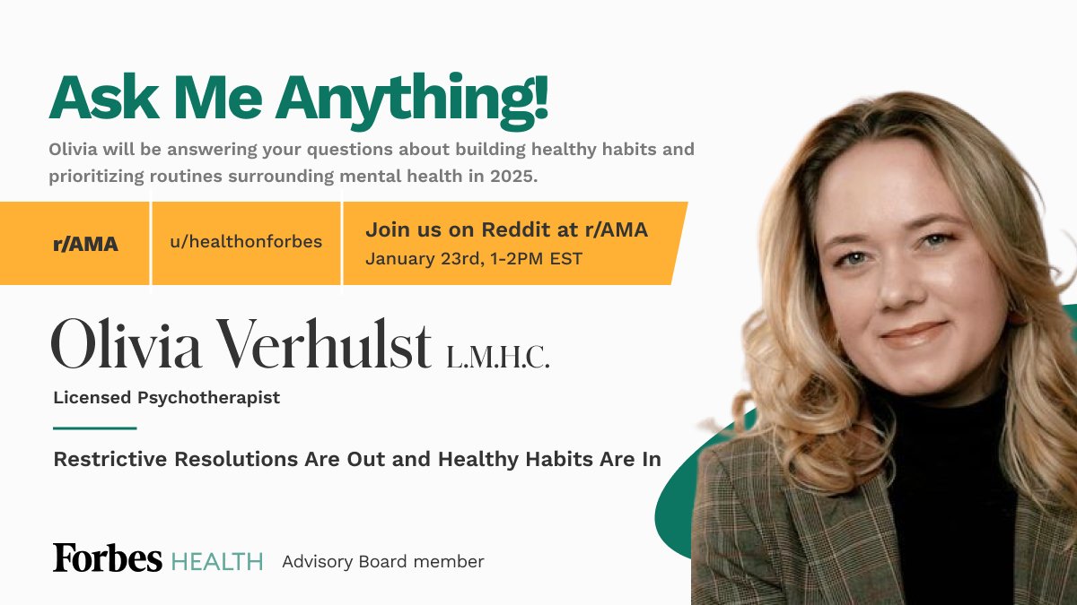 Join us tomorrow! Forbes Health will be hosting an #AMA to answer all your queries about building a wellness routine in 2025.
.
📅 January 23, 2025
🕰️ 1-2 P.M. E.S.T.
🔈Olivia Verhulst, licensed psychotherapist and Forbes Health Advisory Board member
📍Reddit (r/AMA)