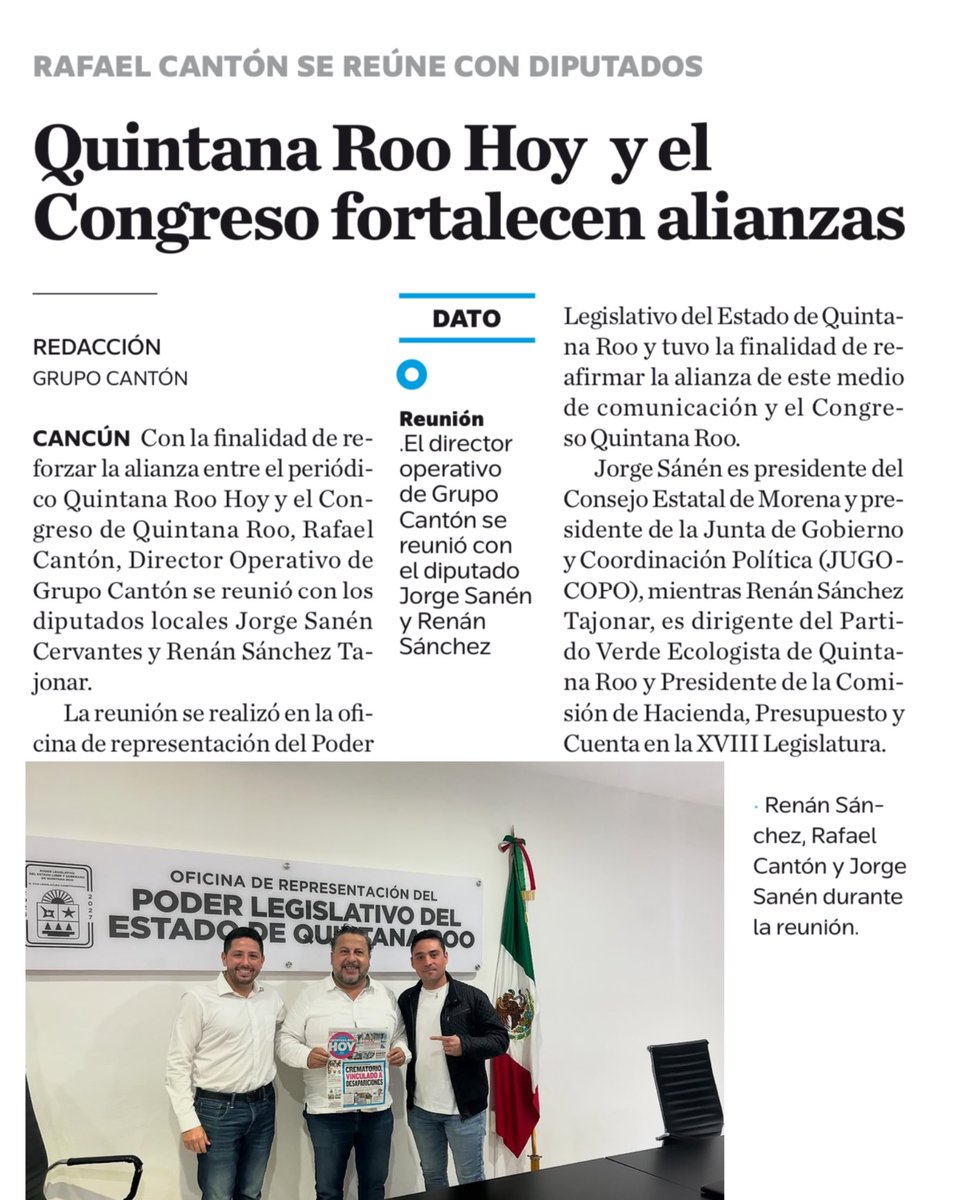 📰 <a href="/RAFACANTON_/">Rafael Cantón</a>, director operativo de #GrupoCantón se reúne con diputados <a href="/RenanSanchez_/">Renán Sánchez Tajonar</a> y <a href="/jorge_sanen/">Jorge Sanén</a> 

<a href="/QuintanaRooHoy1/">Quintana Roo HOY</a> y el <a href="/CongresoQRoo/">Congreso del Estado de Quintana Roo</a> fortalecen alianzas.
