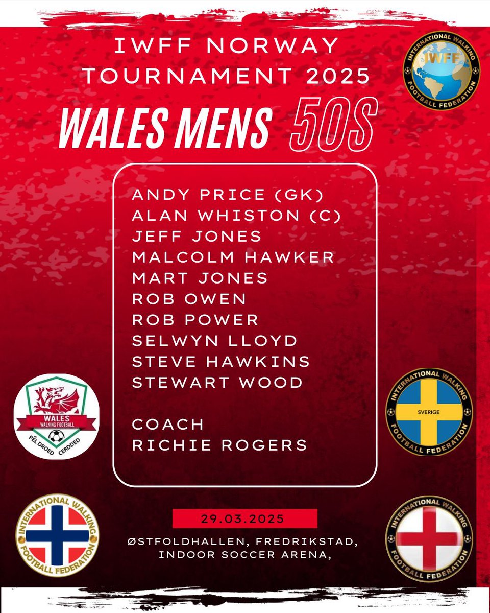 Wales Walking Football (@wales_wf) on Twitter photo Wales Over 50s Men Squad Announcement
IWFF NORWAY TOURNAMENT 29/03/25 โฝ๏ธ
Congratulations to our players selected to represent Wales. Our 50s mens squad will play hosts Norway, Sweden & England ๐ด๓ ง๓ ข๓ ท๓ ฌ๓ ณ๓ ฟ ๐ณ๐ด ๐ธ๐ช ๐ด๓ ง๓ ข๓ ฅ๓ ฎ๓ ง๓ ฟ
Good luck all and have a fantastic tournament. Wales Over 50s Men Squad Announcement
IWFF NORWAY TOURNAMENT 29/03/25 โฝ๏ธ
Congratulations to our players selected to represent Wales. Our 50s mens squad will play hosts Norway, Sweden & England ๐ด๓ ง๓ ข๓ ท๓ ฌ๓ ณ๓ ฟ ๐ณ๐ด ๐ธ๐ช ๐ด๓ ง๓ ข๓ ฅ๓ ฎ๓ ง๓ ฟ
Good luck all and have a fantastic tournament.
