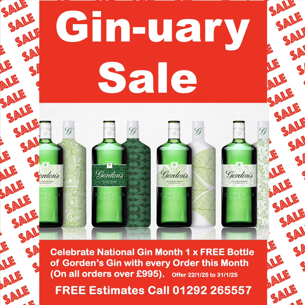 Gin-uary Sale, Celebrate National Gin Month with a FREE bottle of Gin with Every Order. Call 01292 265557 for FREE Quote. #gin #ginuary #JanuarySale
