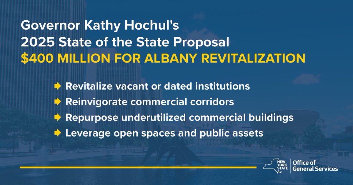 NYS_OGS's tweet photo. As proud caretakers of the Empire State Plaza and Harriman Campus within New York State’s beautiful capital city, OGS applauds @GovKathyHochul’s State of the State $400-million investment proposal to revitalize downtown Albany: https://t.co/zAPwoyD5CF https://t.co/QKzdbQjOYv