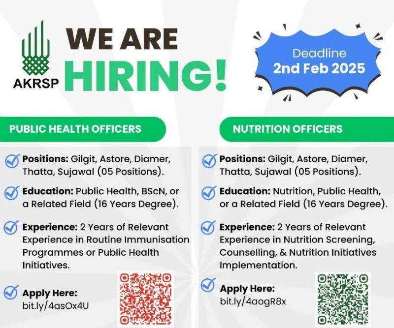🚨We’re Hiring at AKRSP!🚨
🔔Application Deadline: 2nd Feb 2025
1. Public Health Officers (5) GB &amp; Sindh
Apply Here: bit.ly/4asOx4U
2. Nutrition Officers (5)
Apply Here: bit.ly/4aogR8x
#publichealthjobs #jobs #gilgitbaltisan #pakistan