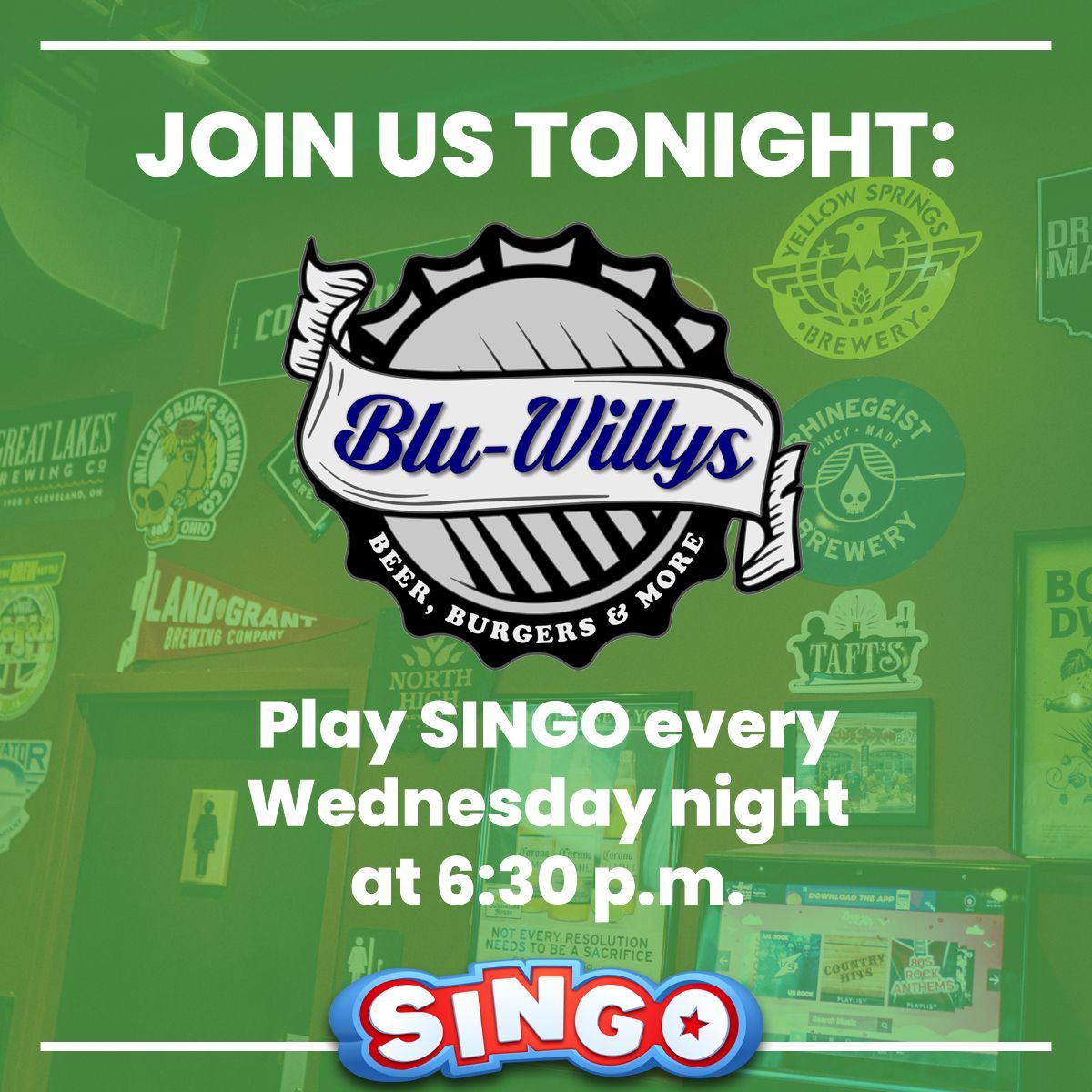 Play #Singo with us every Wednesday at @bluwillys in Grove City! Join us at 6:30 for good food, good people, and a good game!