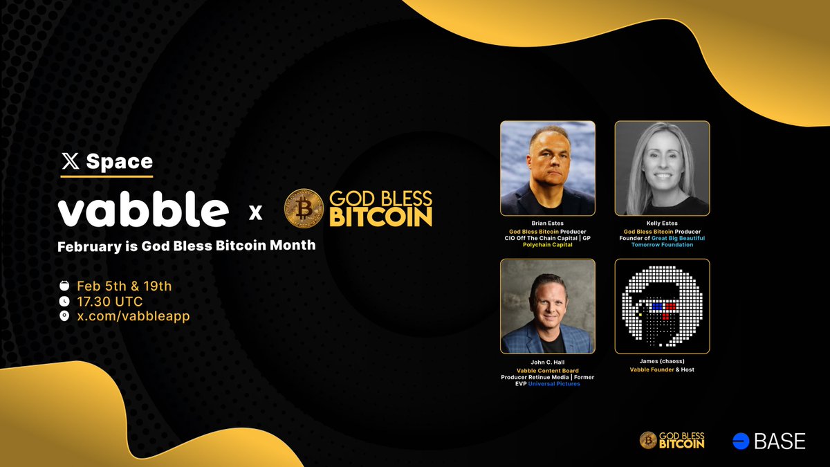 Vabble ๐ก๏ธ (@vabbleapp) on Twitter photo Join us for God Bless Bitcoin month this February.
Spaces:
๐๏ธ 5.2.25 - Speaking with <a href="/BrianEstes32/">Brian Estes</a> <a href="/71Kels/">Kelly Estes</a> about <a href="/godblessBTCfilm/">God Bless Bitcoin Documentary</a> . A documentary that has been registered as IP on <a href="/base/">Base</a> through Vabble DAO. Co-hosted by <a href="/jtaffyone/">JOHN C HALL</a> .
๐๏ธ 19.2.25 -Speak with Brian, Join us for God Bless Bitcoin month this February.
Spaces:
๐๏ธ 5.2.25 - Speaking with <a href="/BrianEstes32/">Brian Estes</a> <a href="/71Kels/">Kelly Estes</a> about <a href="/godblessBTCfilm/">God Bless Bitcoin Documentary</a> . A documentary that has been registered as IP on <a href="/base/">Base</a> through Vabble DAO. Co-hosted by <a href="/jtaffyone/">JOHN C HALL</a> .
๐๏ธ 19.2.25 -Speak with Brian,