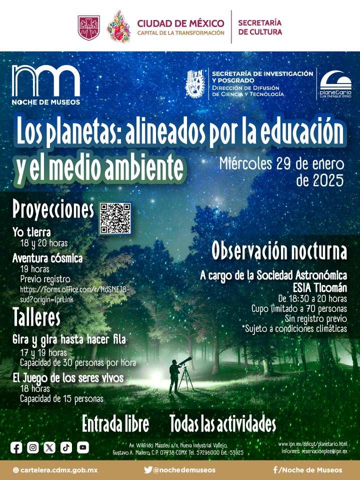 PLEE_IPNoficial's tweet photo. ✨ Este 29 de enero, te invitamos a sumergirte en nuestra Noche de Museos. 🌳🪐

#ElEspaciodelaCiencia #PLEE #NocheDeMuseos #Aviso https://t.co/KLIoXHchzB