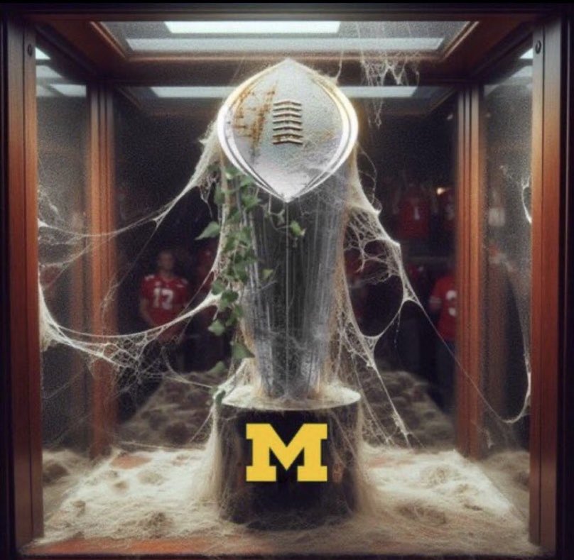 CFBReport's tweet photo. So last year, Michigan fans (thanks to @swankywolverine) made this meme of Ohio State’s 2014 Natty, implying it’s old and dusty.

This year, Ohio State fans edited the logo to represent Michigan’s 2023 Natty. 

This rivalry will actually make you shed tears of laughter 🤣🤣🤣 https://t.co/J4yyn3qtm9