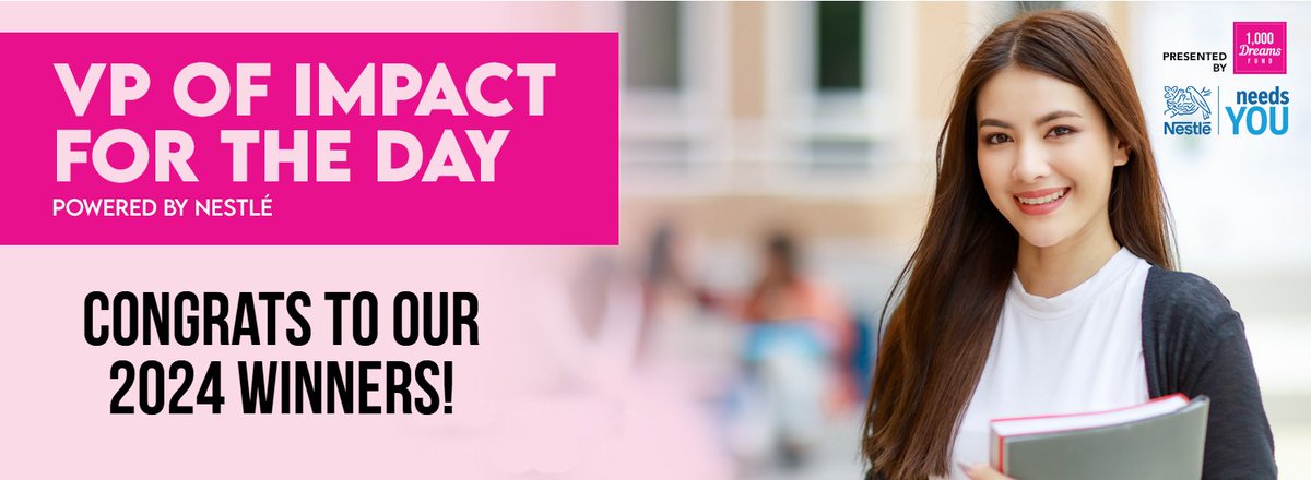 Announcing our winners of <a href="/1000DreamsFund/">1,000 Dreams Fund</a>'s "VP of Impact for the Day" Challenge, powered by <a href="/NestleUSA/">Nestlé US</a>!

These talented student leaders stepped up to share their creative ideas for positive community impact - our winners will receive a $1,000 scholarship and mentorship to help