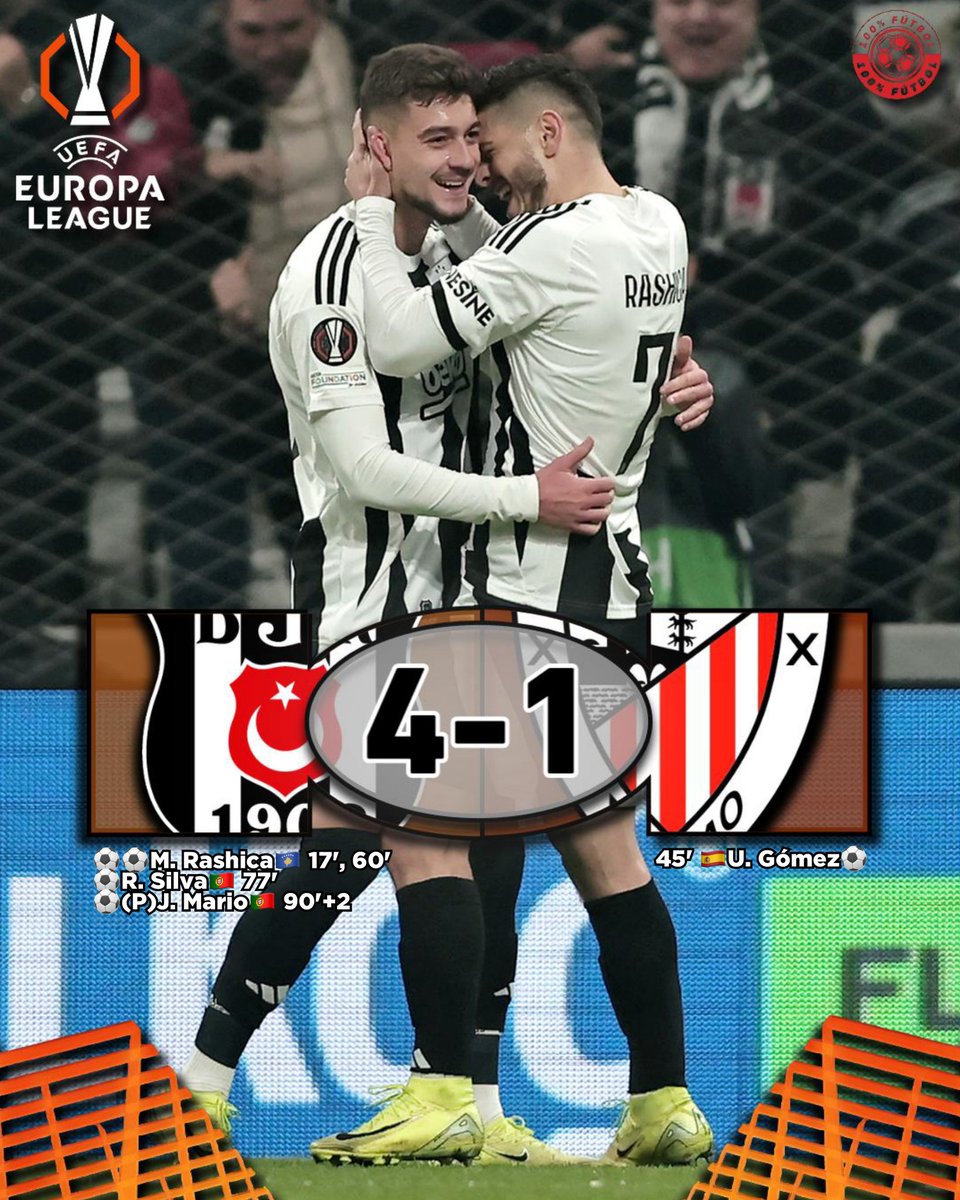 100xcientoftl's tweet photo. ¡𝗦𝗘 𝗟𝗘𝗦 𝗘𝗦𝗖𝗔𝗣Ó 𝗟𝗔 𝗖𝗛𝗔𝗡𝗖𝗘!❌
Beşiktaş🇹🇷 goleó 4-1 al Athletic Club🇪🇸 y le quitó la chance de asegurar su pase directo a 8vos de Final de la UEL🏆🌏.
#UEL #BESATH https://t.co/XHaQFu5vfo
