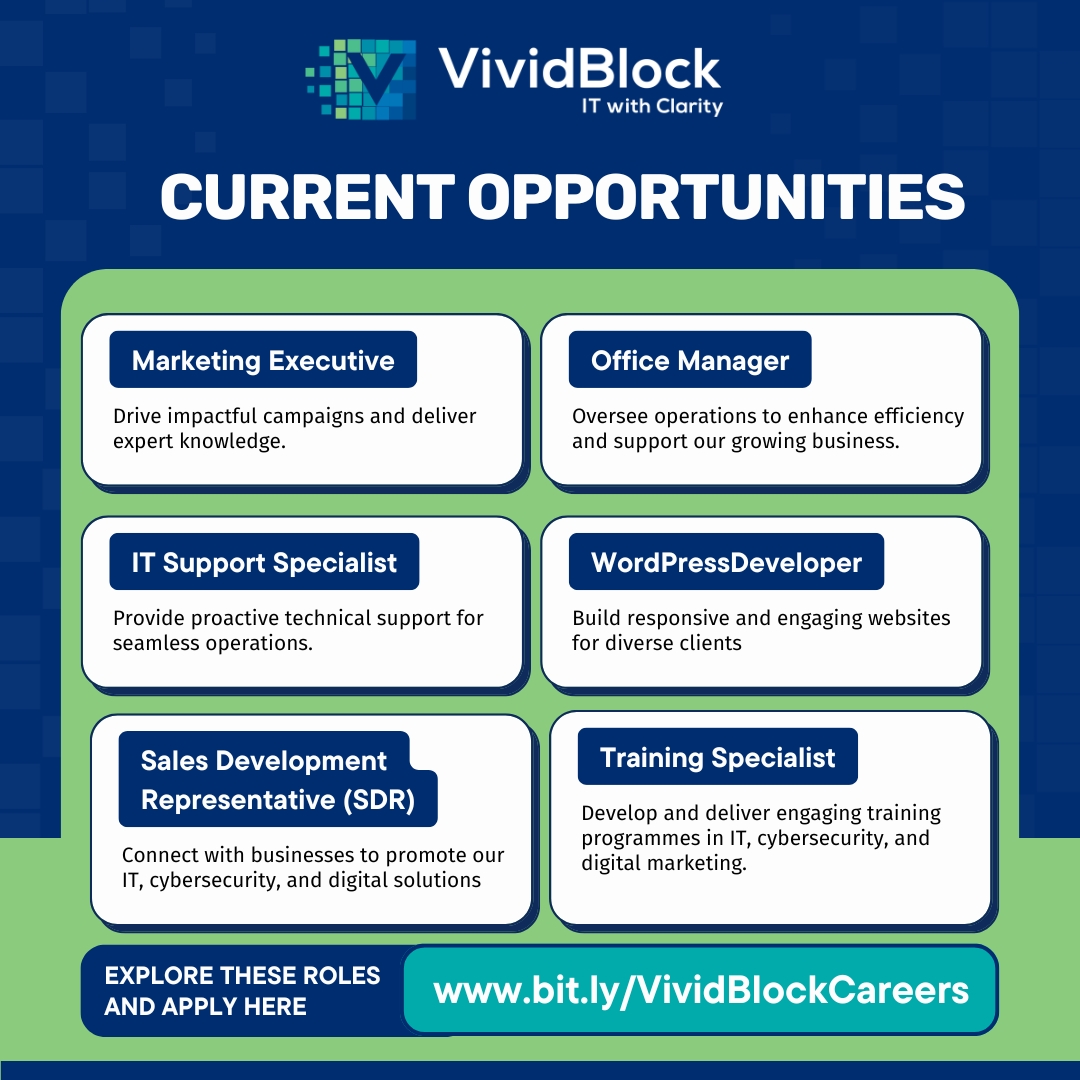 We’re Hiring at VividBlock! 

📌 Current Roles:
1️⃣ Marketing Executive
2️⃣ SDR
3️⃣ Training Specialist
4️⃣ Office Manager
5️⃣ IT Support Specialist
6️⃣ WordPress Developer

🌍 Location: Remote/Hybrid
🔗 bit.ly/VividBlockCare…

Join our growing team.
#HiringNow #ITJobs #Careers
