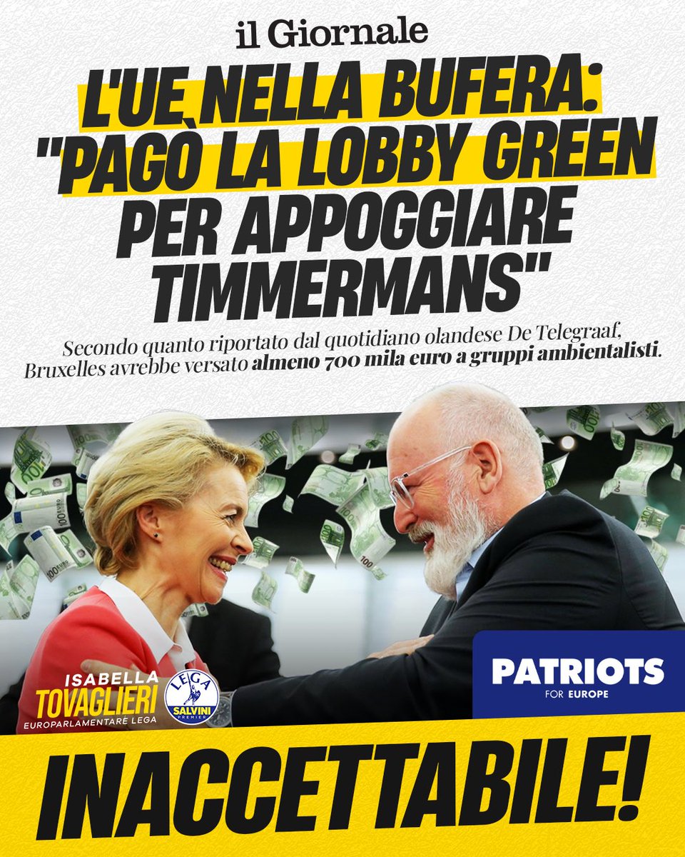 isatovaglieri's tweet photo. L’Unione Europea è al centro di un nuovo scandalo che coinvolge Frans Timmermans, promotore di politiche green come lo stop ai motori endotermici e il regolamento sull’efficienza energetica delle case.

Secondo le accuse, la Commissione Europea avrebbe destinato centinaia di migliaia di euro, provenienti dalle tasche dei contribuenti europei, per finanziare segretamente associazioni ambientaliste incaricate di promuovere i piani “green” di Timmermans.

Se confermato, le implicazioni sarebbero gravissime: uso improprio di fondi pubblici, distolti dalla crescita e dallo sviluppo per sostenere iniziative ideologiche nefaste e deleterie.

Non possiamo accettare un fatto simile. Chiediamo risposte immediate da parte di Von der Leyen e dell’Europa.