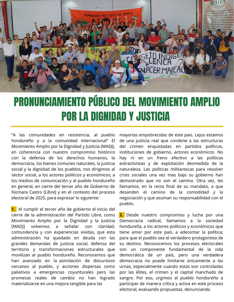 MovAmplioHn's tweet photo. 📢 Con profunda coherencia en nuestra lucha por los derechos humanos y la justicia, compartimos este mensaje clave en el cierre del tercer año de gobierno y con miras al proceso electoral 2025:

✊ Con el pueblo, hasta la dignidad siempre.

#JusticiaSocial #DemocraciaReal #MADJ https://t.co/7rFB9EX4Br