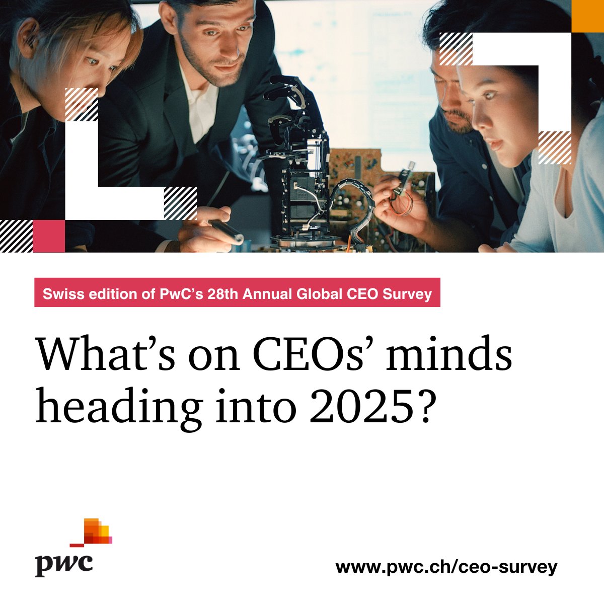 We’ve launched the Swiss edition of PwC's 28th Annual Global CEO Survey, looking at today’s most pressing business challenges and how leaders are handling them. ➡️Explore the survey in full here: pwc.ch/ceo-survey​

#CEOSurveySwitzerland