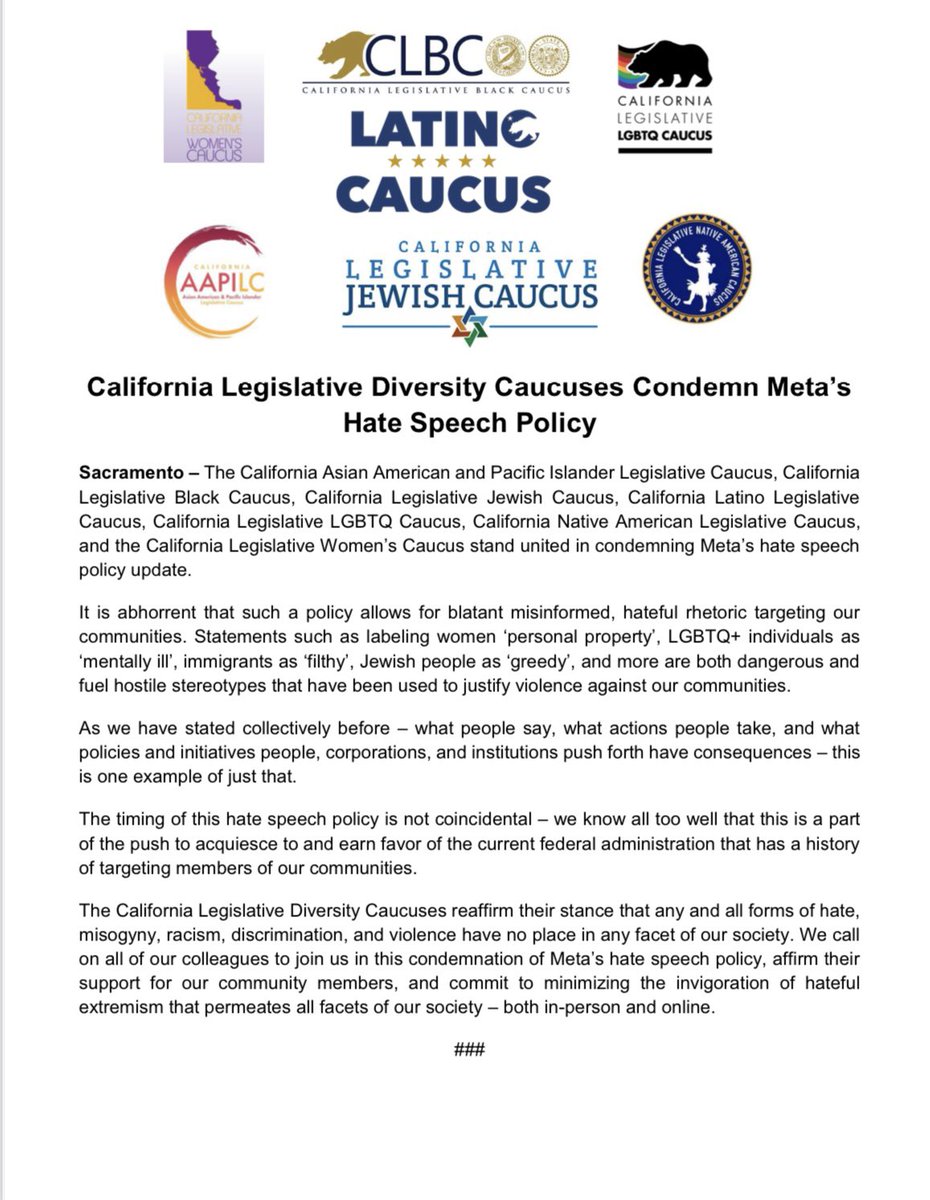 California Legislative LGBTQ Caucus (@calgbt) on Twitter photo The California Legislative Diversity Caucuses released the following statement condemning Meta’s hate speech policy: The California Legislative Diversity Caucuses released the following statement condemning Meta’s hate speech policy: