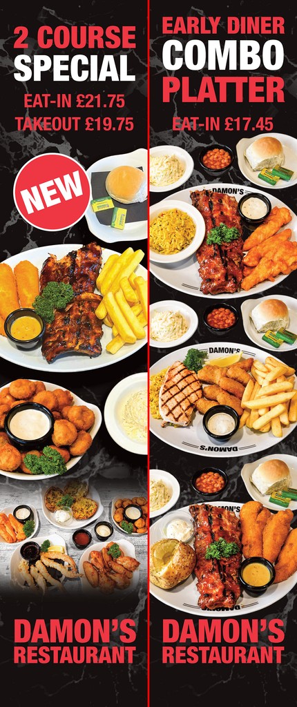 2️⃣ FANTASTIC OFFERS 👀👀 From Damon's!! The Two Course Special and Our Early Diner Combo Platter, available now to Eat-in or Takeaway 😍😍