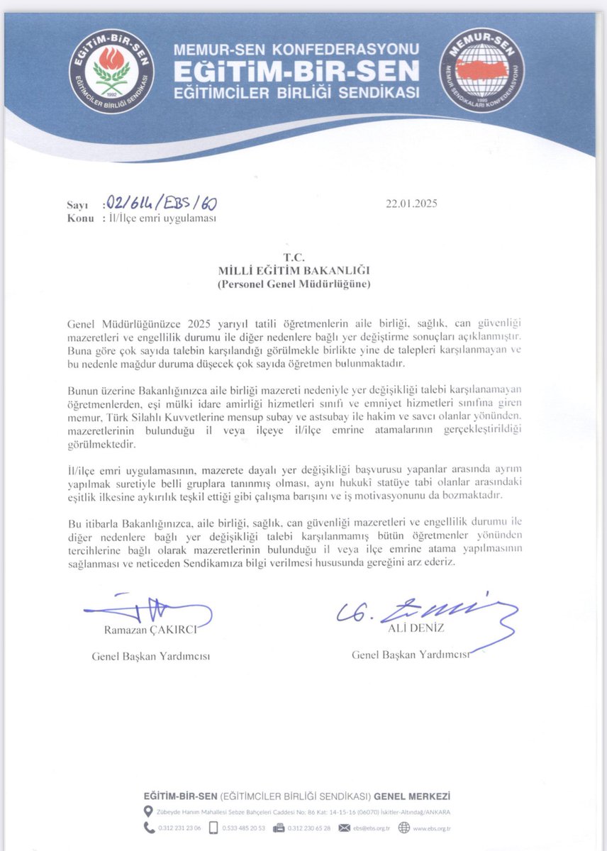 alideniz02's tweet photo. İL/İLÇE EMRİ UYGULANMALIDIR

Millî Eğitim Bakanlığına, mazerete dayalı yer değişikliği talebi karşılanmayan tüm öğretmenlerin, mazeretlerinin bulunduğu il veya ilçe emrine atanmasını talep ettik. https://t.co/y5FglmUBgw