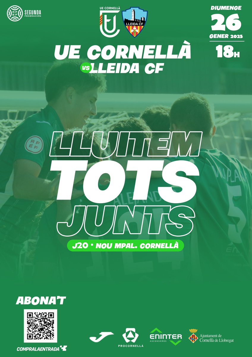 ⚽️🔥 𝐋𝐋𝐔𝐈𝐓𝐄𝐌 𝐓𝐎𝐓𝐒 𝐉𝐔𝐍𝐓𝐒! 🔥⚽️

💪🏻 Després de començar l’any de la millor manera, volem tancar el mes de gener amb un nou triomf 🆚 <a href="/LleidaCF/">Lleida CF</a>! 

🏟️ 𝐎𝐌𝐏𝐋𝐈𝐌 𝐄𝐋 𝐍𝐎𝐔 𝐌𝐔𝐍𝐈𝐂𝐈𝐏𝐀𝐋! 
🗣️ US NECESSITEM AFICIÓ! 

#CornellàLleida #Ambelverdalcor 💚